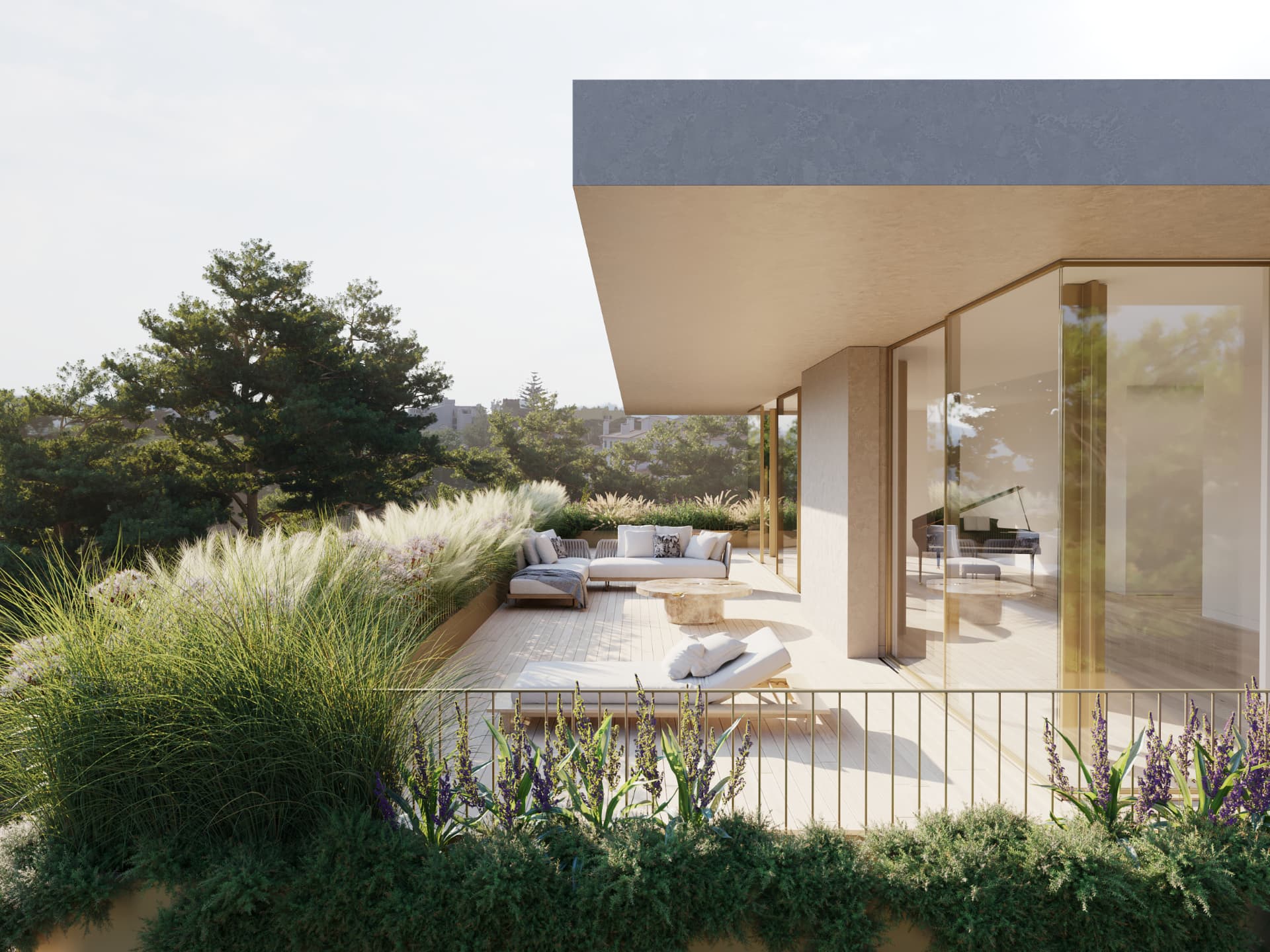 Terrace with lounge seating, ornamental grasses and views over Monte Estoril.