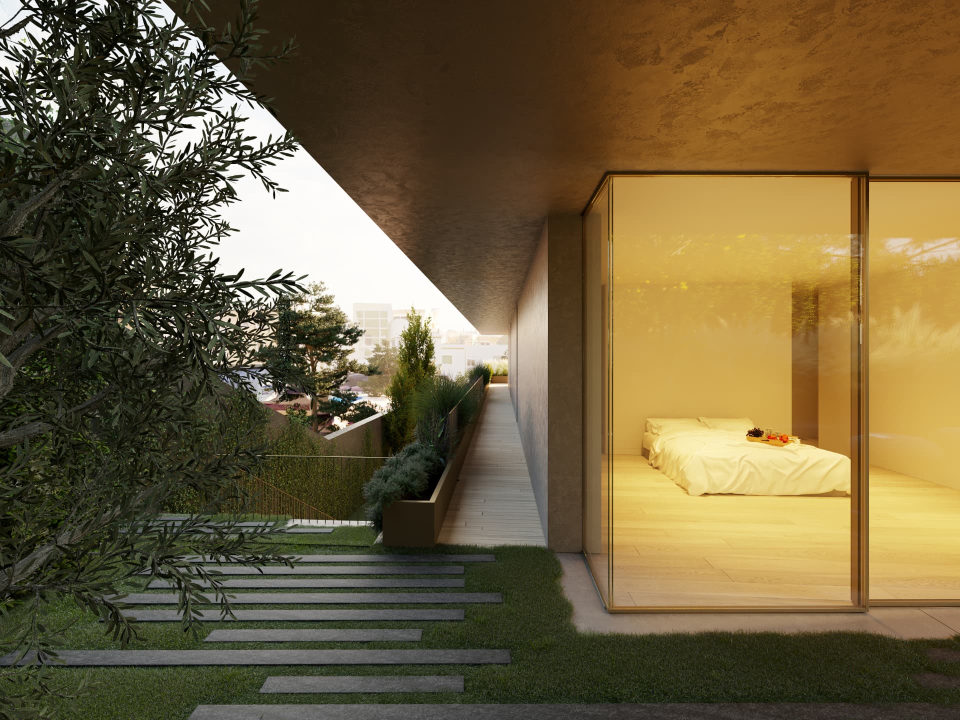 North-facing view along the San Remo veranda, looking toward the far end past the planted edge.