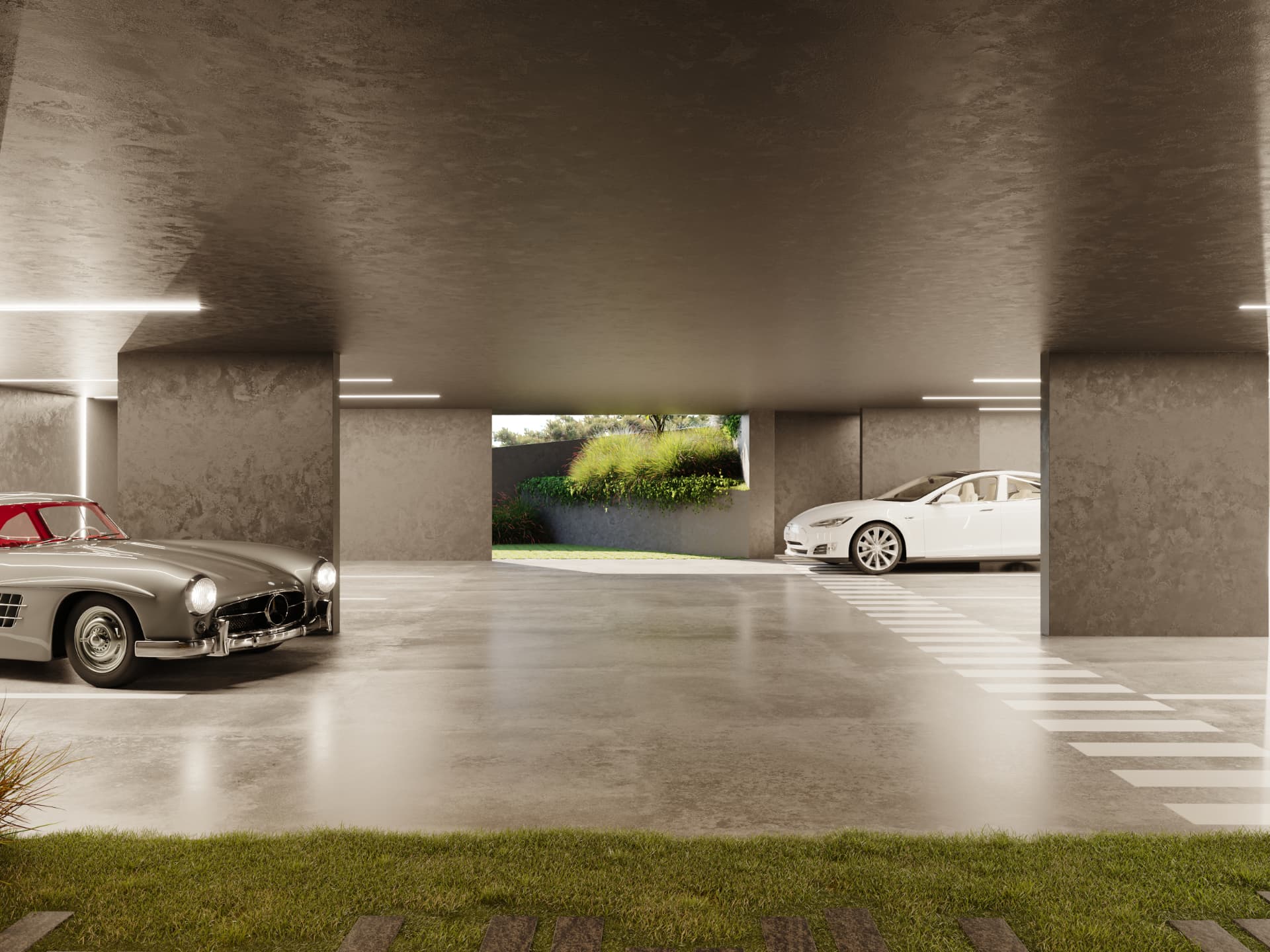 Underground garage in polished concrete opening onto a landscaped garden.